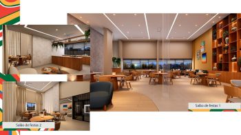 Salão de festas do LeVille Residence com mesas elegantes, iluminação contemporânea e espaço gourmet integrado.