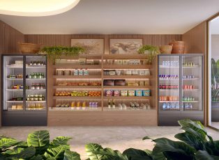 Empório interno com prateleiras de alimentos, frutas, bebidas e geladeiras em ambiente moderno.