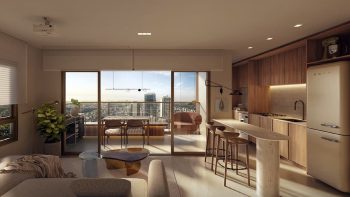 Sala de estar integrada à cozinha e varanda com mesa, poltronas e vista urbana ao fundo.