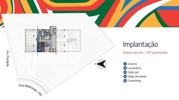 Planta de implantação do 10º pavimento do LeVille Residence mostrando cinema, lavanderia, salão pet, salão de beleza e coworking.
