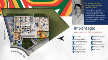 Planta do pavimento térreo do LeVille Residence mostrando piscina, salões de festas, minimercado, brinquedoteca, parque infantil e pet place.