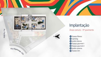 Planta do 9º pavimento do LeVille Residence mostrando espaço fitness, spinning, jardins, espaços gourmet e área zen.