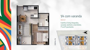 Planta baixa de apartamento de 1 quarto com varanda, mostrando living integrado, cozinha, banheiro e dormitório.