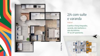 Planta baixa de apartamento com dois quartos, suíte, varanda, living integrado, cozinha e dois banheiros.