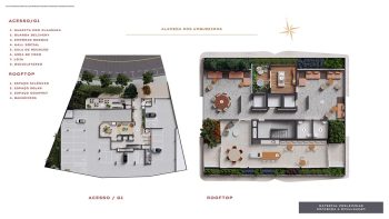 Planta baixa ilustrada mostrando o acesso G1 e o rooftop com áreas de convivência, espaço gourmet e ambientes de lazer.