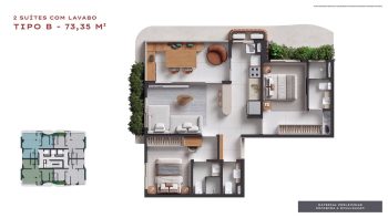 Planta baixa de apartamento Tipo B com duas suítes, lavabo, sala integrada, cozinha e varanda verde.