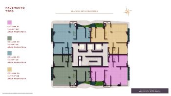 Planta do pavimento tipo com quatro colunas de apartamentos e áreas privativas entre 73 m² e 74,99 m².