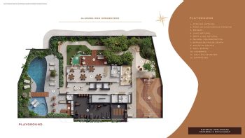 Planta das áreas de lazer com piscina natural, bosque, quadra esportiva e espaços de convivência.