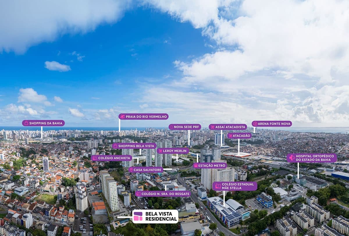 Vista aérea de Salvador com pontos próximos ao Bela Vista Residencial