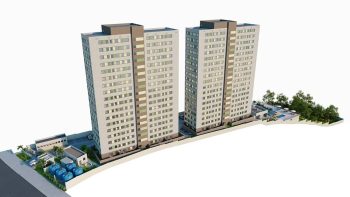 Vista aérea em 3D das torres e área de lazer do Bela Vista Residencial