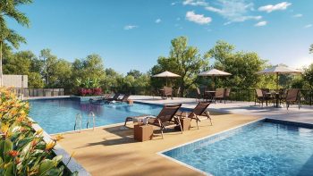 Área de lazer com piscina adulto e infantil no Bela Vista Residencial