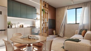 Sala e cozinha integradas com decoração moderna no Bela Vista Residencial