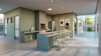 Espaço gourmet com churrasqueira e bancada no Bela Vista Residencial