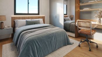 Quarto de casal decorado com cama, armário e iluminação natural