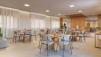 Salão de festas moderno com mesas e decoração elegante