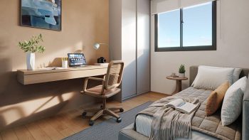 Quarto de solteiro com cama, mesa de estudo e decoração moderna