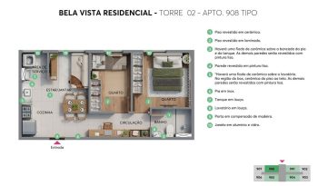Planta baixa de apartamento tipo com 2 quartos e ambientes integrados