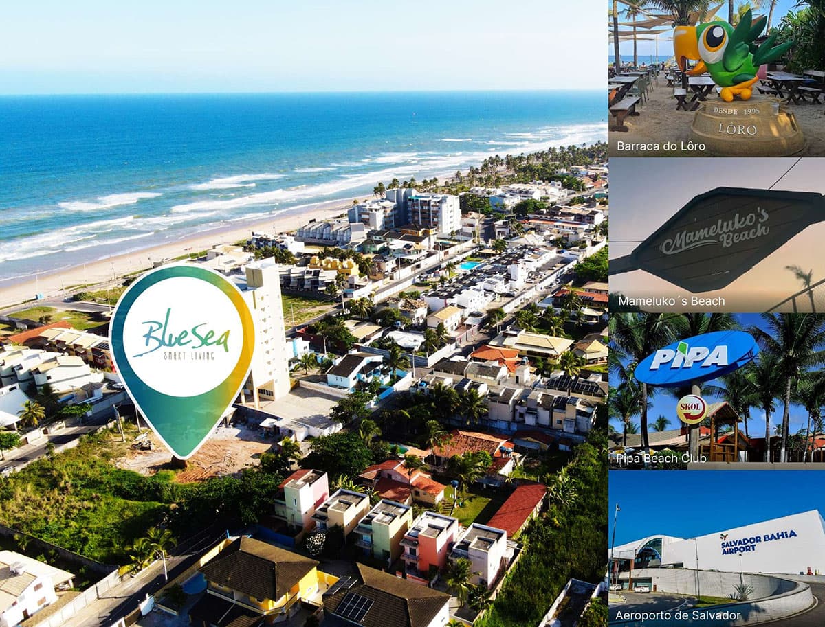 A imagem exibe uma vista aérea de um bairro costeiro com uma praia extensa, prédios de apartamentos e casas cercadas por vegetação, sob um céu claro e azul. Um grande ícone de localização com o logotipo "Blue Sea Smart Living" está centralizado sobre o local do empreendimento, com uma estrada principal passando em frente. No lado direito, quatro imagens menores mostram pontos turísticos próximos: Barraca do Lôro (praia), Mameluko´s Beach (placa de restaurante), Pipa Beach Club (placa de clube de praia com logotipo da Skol) e Aeroporto de Salvador (fachada do terminal).