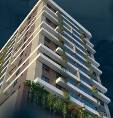 Vista inferior da fachada do Flamiano Costa com varandas modernas, vidro e vegetação integrada na Vila Laura