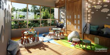 Brinquedoteca infantil moderna com brinquedos educativos e ambiente acolhedor no Blue Sea Smart Living em Stella Maris Salvador