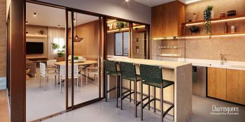 Área gourmet com churrasqueira moderna, bancada e integração com sala no Blue Sea Smart Living em Stella Maris Salvador