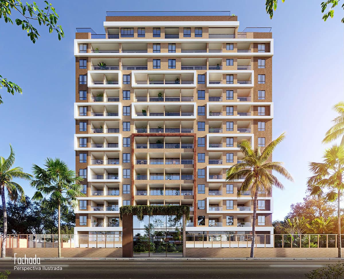 Fachada frontal do Blue Sea Smart Living com arquitetura moderna e varandas amplas em Stella Maris Salvador