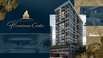Imagem institucional do Residencial Flamiano Costa com fachada moderna, logo do empreendimento e detalhes internos