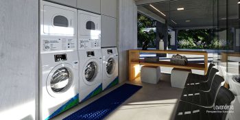Lavanderia moderna com máquinas industriais e espaço funcional no Blue Sea Smart Living em Stella Maris Salvador