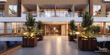 Passarela de entrada com paisagismo e iluminação moderna no Blue Sea Smart Living em Stella Maris Salvador