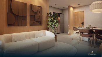 Sala de estar do apartamento do Flamiano Costa com sofá moderno, decoração elegante e integração com sala de jantar