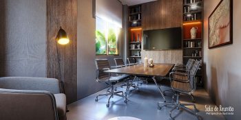 Sala de reunião equipada com mesa, cadeiras e ambiente sofisticado no Blue Sea Smart Living em Stella Maris Salvador