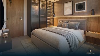 Suíte do casal do Flamiano Costa com cama ampla, iluminação aconchegante e armário planejado