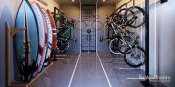 Bicicletário com pranchas de surf e suporte para bicicletas no Blue Sea Smart Living em Stella Maris Salvador