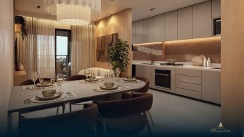 Living do Flamiano Costa com sala de jantar integrada à cozinha planejada e decoração moderna