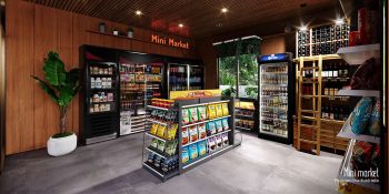 Mini market do Blue Sea Smart Living com prateleiras, geladeiras e variedade de produtos para conveniência dos moradores