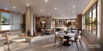 Salão de festas do Blue Sea Smart Living com mesas, cadeiras elegantes e ambiente amplo para eventos