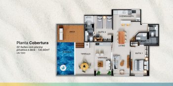 Planta baixa da cobertura do Blue Sea Smart Living com 2 suítes, piscina privativa, deck e varanda