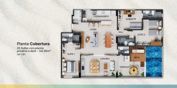 Planta baixa da cobertura do Blue Sea Smart Living com 3 suítes, piscina privativa, deck e terraço