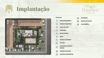 Planta baixa da implantação com piscina, quadra e estacionamento no Villaggio Paradiso Guarajuba