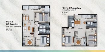 Plantas de apartamentos de 2 quartos com suíte e varanda no Blue Sea Smart Living com opções de 61m² e 65m²