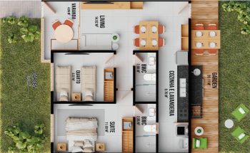 Planta baixa de apartamento 2 quartos com suíte e garden no Villaggio Paradiso Guarajuba
