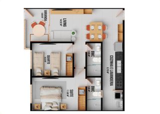 Planta baixa de apartamento 2 quartos com suíte e varanda no Villaggio Paradiso Guarajuba
