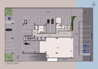 Planta baixa do pavimento térreo do House Macapá 211 com garagem, loja, portaria e acessos
