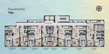 Uma planta baixa colorida e ilustrada de um pavimento tipo de um prédio, localizado sobre um fundo texturizado em degradê azul e areia, sugerindo a proximidade com o mar. A planta exibe oito unidades residenciais numeradas, incluindo studios, unidades de quarto e sala, e apartamentos de dois quartos com suíte, todas com varanda. Uma bússola está no canto superior direito e as metragens e números das unidades estão na parte inferior.