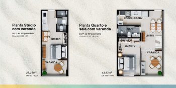 Plantas de apartamentos studio e quarto e sala com varanda no Blue Sea Smart Living com áreas de 25m² e 43m²