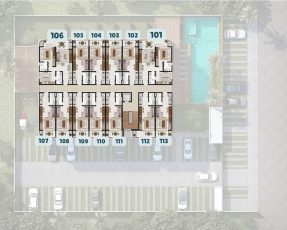 Planta do primeiro pavimento com apartamentos 101 a 113 no ONA Praia do Surf em Itacimirim Bahia
