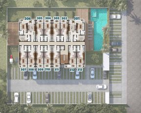 Planta do terceiro pavimento com apartamentos 301 a 313 no ONA Praia do Surf em Itacimirim Bahia