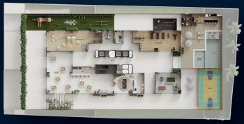 Planta do pavimento de lazer do Flamiano Costa com academia, piscina, quadra e áreas de convivência