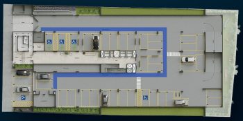 Planta do térreo G2 do Flamiano Costa com recepção, vagas, bicicletário e áreas técnicas