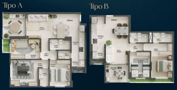 Plantas dos apartamentos Tipo A e Tipo B do Flamiano Costa com distribuição de ambientes e metragens